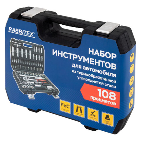 Набор инструментов для автомобиля, 108 предметов, пластиковый кейс, RABBITEX (РАББИТЕКС), 671339