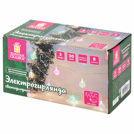 Электрогирлянда-нить комнатная 3 м, 30 LED, с насадками, вид: "Шарики", мультицветная, 220V, контроллер, ЗОЛОТАЯ СКАЗКА, 591363