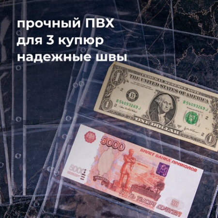 Листы-вкладыши для альбома "OPTIMA" на 3 боны (купюры), КОМПЛЕКТ 10 шт., 200х250 мм, ПВХ, STAFF, 238082