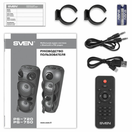 Колонка портативная SVEN PS-750, 80 Вт, TWS, Bluetooth, FM, USB, microSD, LED-дисп, черная, SV-019617