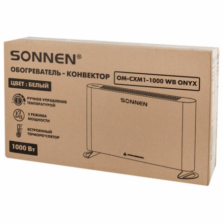 Обогреватель-конвектор SONNEN ONYX-1000.1, 1000 Вт, Х-образный нагревательный элемент, белый, сделано в России, 457629