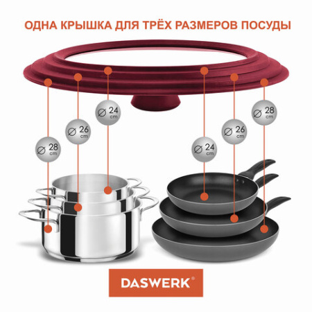 Крышка для любой сковороды и кастрюли универсальная 3 размера (24-26-28 см) бордовая, DASWERK (ДАСВЕРК), 607590