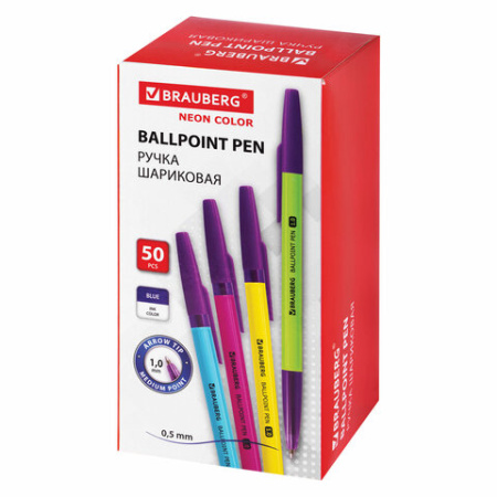 Ручка шариковая BRAUBERG "Офисная" NEON COLOR, СИНЯЯ, корпус ассорти, пишущий узел 1 мм, линия письма 0,5 мм, 144200