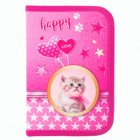 Пенал BRAUBERG, 1 отделение, 1 откидная планка, полиэстер, 21х14 см, "Happy kitten", 270308