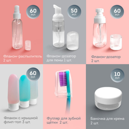 Дорожный набор флаконов в косметичке, 10 флаконов (3х60 мл / 5х50 мл / 2х10 мл), DASWERK (ДАСВЕРК), 609303
