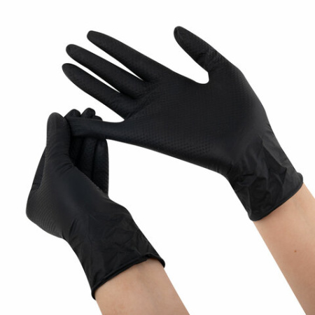 Перчатки нитриловые сверхпрочные с текстурой SFM MEGA TEX BLACK, Германия, 25 пар (50 штук), размер 8-9 (большой)