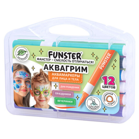 Аквагрим аквамаркеры для лица и тела, 12 цветов, FUNSTER (ФАНСТЕР), пластиковый кейс, 152609
