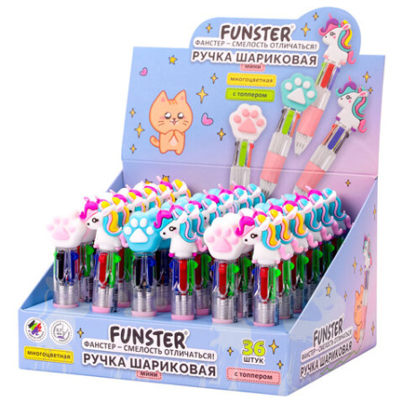 Ручка мини многоцветная с топпером шариковая автоматическая 4 ЦВЕТА FUNSTER (ФАНСТЕР) "MIX", ассорти, узел 0,7 мм, письма 0,35, 144378