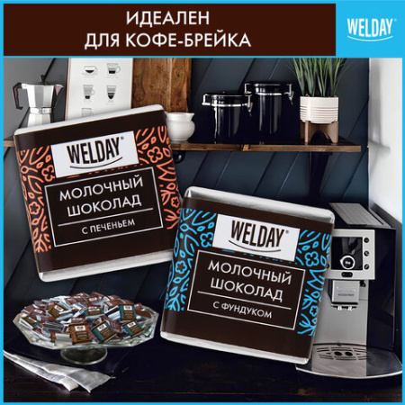 Шоколад порционный с фундуком и печеньем WELDAY (ВЭЛДЭЙ), молочный 27%, 400 г (80 плиток по 5 г), 622408