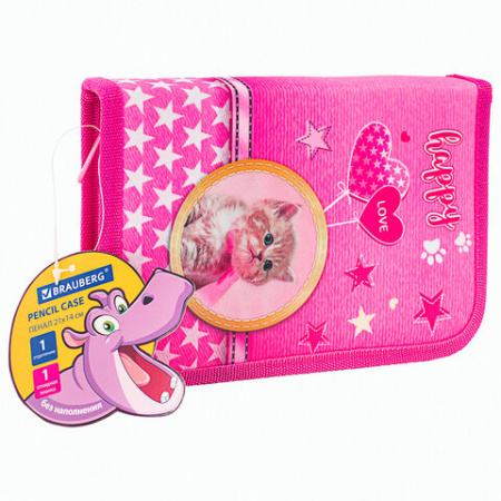 Пенал BRAUBERG, 1 отделение, 1 откидная планка, полиэстер, 21х14 см, "Happy kitten", 270308