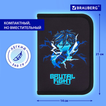 Пенал BRAUBERG с наполнением, 1 отделение, 1 откидная планка, 24 предмета, 21х14 см, "Anime fight", 272354
