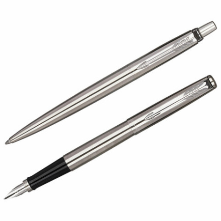 Набор PARKER "Jotter Stainless Steel GT": шариковая ручка синяя и перьевая ручка синяя, 2093258