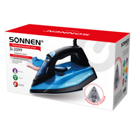 Утюг паровой SONNEN SI-2099, 2400 Вт, керамическое покрытие, антикапля, антинакипь, синий, 456996