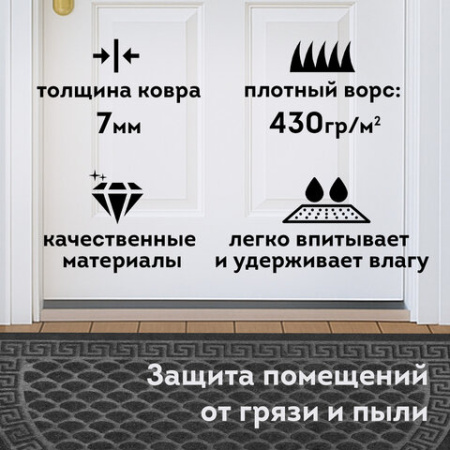 Коврик придверный 60х90 см, СЕРЫЙ, грязезащитный, 430 г/м2, ПОЛУКРУГ, фактурный рисунок ЧЕШУЙКИ, ЛЮБАША, 701052