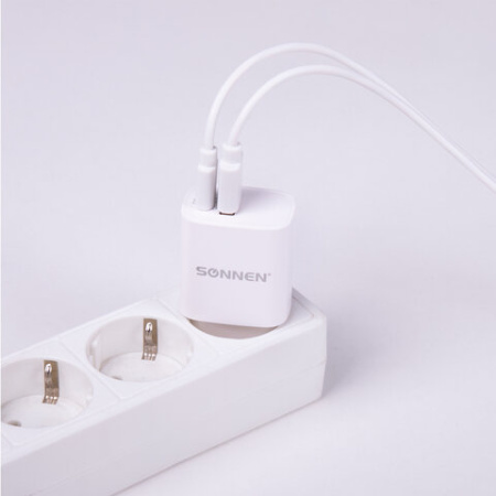 Зарядное устройство быстрое сетевое (220 В) SONNEN, USB QC 3.0 + Type-C PD 20 Вт, 3 А, белое, 455505