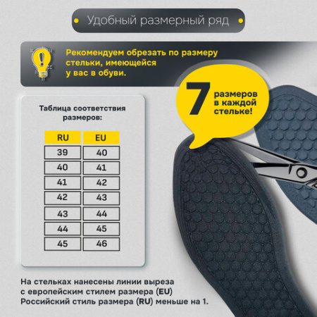 Стельки для обуви c МАССАЖНЫМ ЭФФЕКТОМ, материал HI-POLY, размер RU 39-45 / EU 40-46, с линиями выреза, SHEGRA (ШЕГРА), 700753