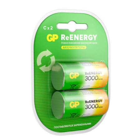 Батарейки аккумуляторные GP ReEnergy Ni-Mh КОМПЛЕКТ 2 шт., С (HR14), 3000 mAh, 300CHCRGY-2CRCB2
