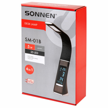 Настольная лампа / светильник SONNEN SM-01B на подставке, LCD-экран, СВЕТОДИОДНАЯ, 5 Вт, черный, 238232