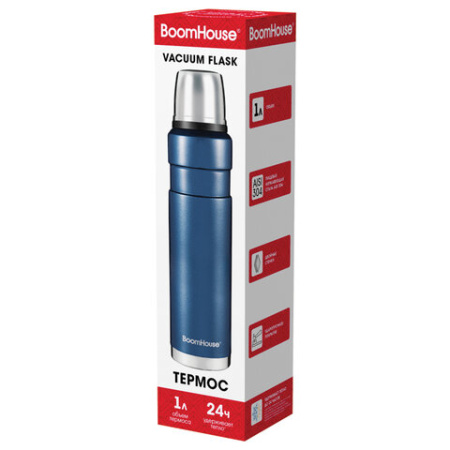 Термос 1 л, BOOMHOUSE (БУМХАУС) DARKBLUE, нержавеющая сталь SUS304, молотковая эмаль, крышка/кружка, синий, 700310