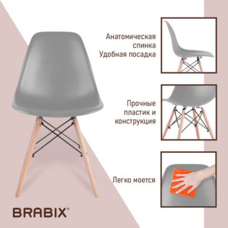 Стулья BRABIX "Eames CF-010", КОМПЛЕКТ 4 шт., пластик серый, опоры дерево/металл, 532632