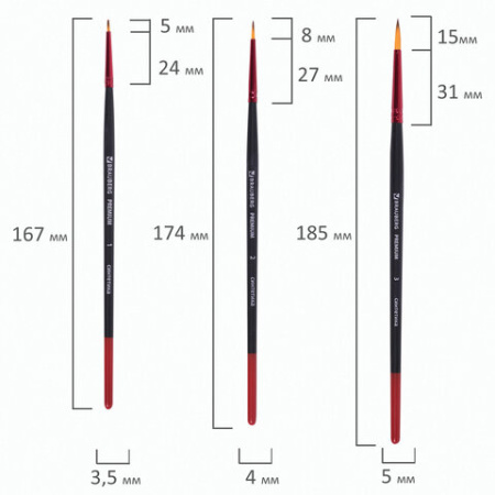Кисти BRAUBERG PREMIUM, набор 10 шт. (синтетика, круглые № 1, 2, 3, 5, 8, плоские № 2, 4, 6, 8, 10), 201027