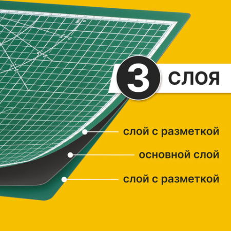 Коврик (мат) для резки BRAUBERG 3-слойный, А3 (450х300 мм), двусторонний, толщина 3 мм, зеленый, 236904