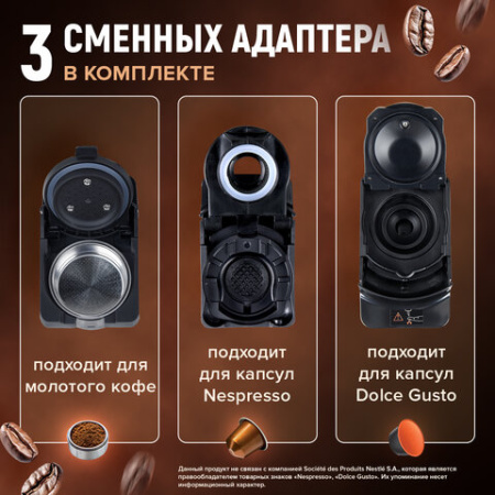 Кофемашина капсульная 3 в 1 для молотого кофе и капсул DOLCE GUSTO и NESPRESSO, SONNEN CM510G, 1450 Вт, 0,6 л, графит, 457339