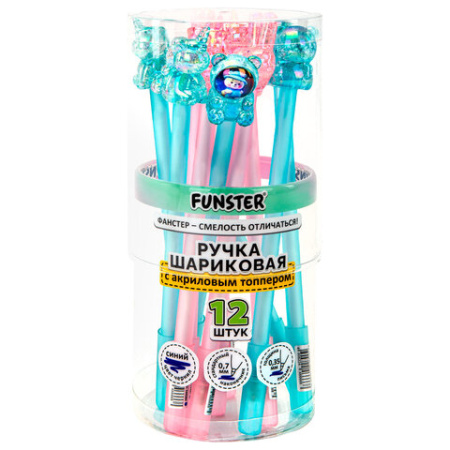 Ручка с акриловым топпером шариковая FUNSTER (ФАНСТЕР) "ACRYL MIX", СИНЯЯ, ассорти, пишущий узел 0,7 мм, линия письма 0,35 мм, 144380