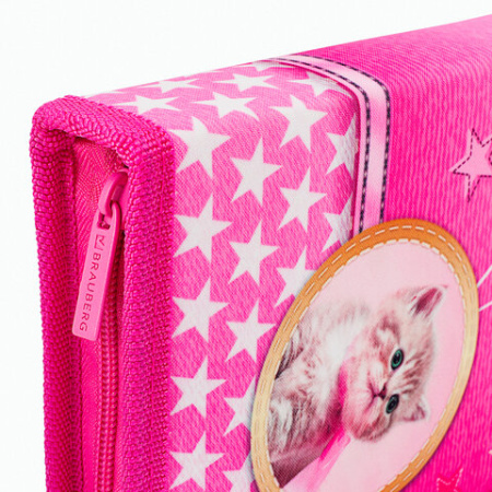 Пенал BRAUBERG, 1 отделение, 1 откидная планка, полиэстер, 21х14 см, "Happy kitten", 270308