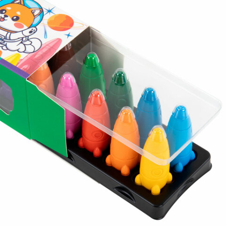 Восковые мелки фигурные BRAUBERG KIDS "РАКЕТА", НАБОР 12 цветов + НАКЛЕЙКИ В ПОДАРОК, 273082