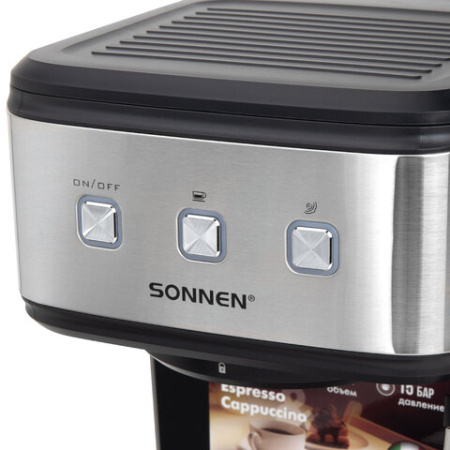 Кофеварка рожковая ручной капучинатор SONNEN CM8501, 1100 Вт, 1,5 л, 15 бар, черная/серебро, 456335