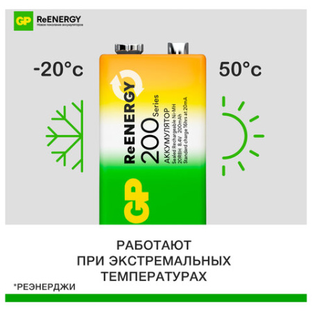 Батарейка аккумуляторная GP ReEnergy Ni-Mh 1 шт., "Крона" (20R8H 9V), 200 mAh, 20R8HRGY-2CRCB1
