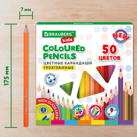 Карандаши цветные BRAUBERG KIDS NEW, 50 цветов, трехгранные, грифель 3 мм, 182004