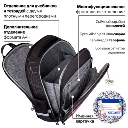 Ранец BRAUBERG QUADRO, 3 отделения, с брелоком, "Огненный паук", 37х28х18 см, 273106