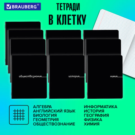 Тетради предметные, КОМПЛЕКТ 12 ПРЕДМЕТОВ, 48 л., обложка картон, BRAUBERG "BLACK", 405164