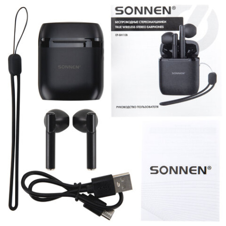 Наушники беспроводные TWS вкладыши с микрофоном, SONNEN EP-BH10B, Bluetooth 5.3, черные, 514122
