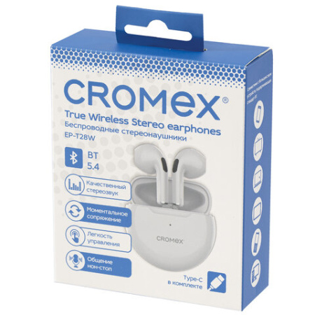 Наушники беспроводные TWS вкладыши с микрофоном CROMEX (КРОМЕКС) EP-T28W, Bluetooth 5.4, белые, 514121