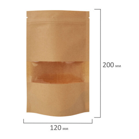 Пакеты дой-пак с замком ZIP LOCK, крафт с окном 50 мм, 120х200 + 40 мм, КОМПЛЕКТ 100 штук, 150 мкм, BRAUBERG, 700689