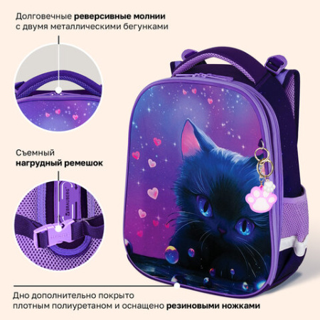 Ранец BRAUBERG PREMIUM, 2 отделения, с брелоком, "Аниме-кот", 38х29х16 см, 272017