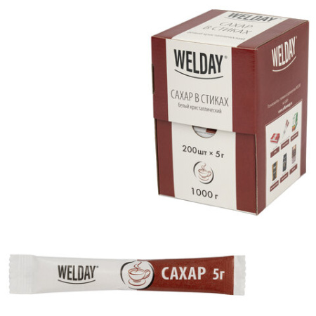 Сахар порционный OFFICE-BOX WELDAY (ВЭЛДЭЙ) в стиках по 5 г, 200 штук, 1 кг, 624095