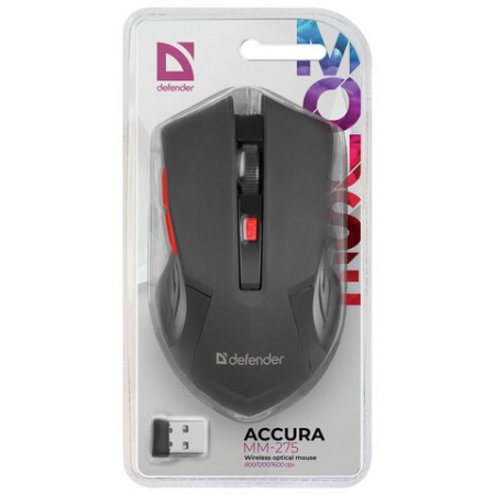 Мышь беспроводная DEFENDER Accura MM-275, USB, 5 кнопок + 1 колесо-кнопка, оптическая, черная, 52276