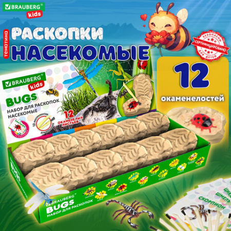Набор для раскопок "Насекомые", 12 видов, карточки, инструменты, BRAUBERG KIDS, 665127