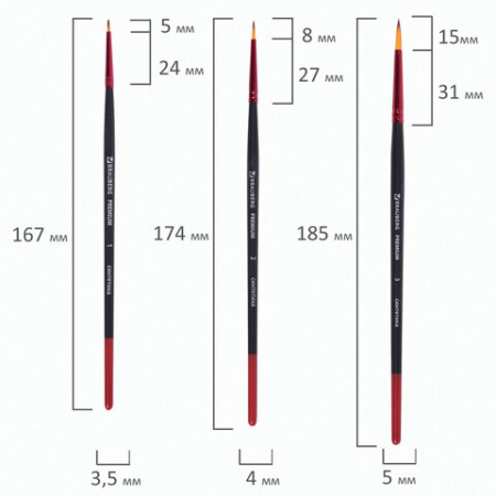 Кисти BRAUBERG PREMIUM, набор 5 шт. (синтетика, круглая № 1, 2, 3, 4, 5), блистер, 201025