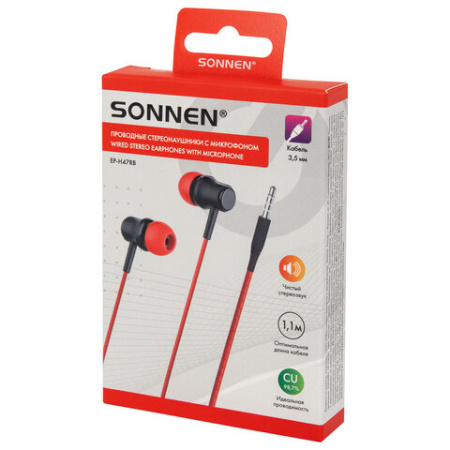 Наушники проводные внутриканальные с микрофоном SONNEN EP-H47RB, 1,1 м, красные/черные, 514129