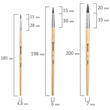 Кисти BRAUBERG, набор 3 шт. (белка, круглые № 2, 4, 6), блистер, 200216