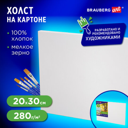 Холст на картоне, 20х30 см, 280 г/м2, грунтованный, 100% хлопок, BRAUBERG ART CLASSIC, 192184