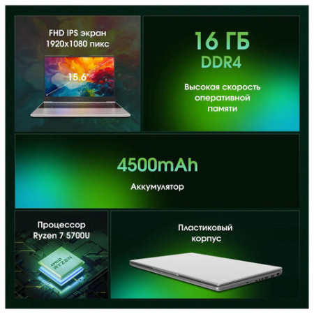 Ноутбук DIGMA Pro Breve 15.6", Ryzen 7 5700U, 16 Гб, SSD 512 Гб, Windows 11 Pro, серебристый, DN15R7-ADXW01
