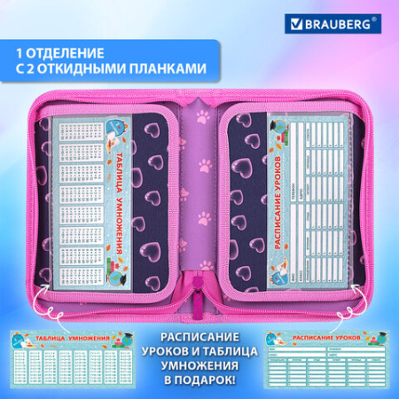 Пенал BRAUBERG, 1 отделение, 2 откидные планки, полиэстер, 21х14 см, "Кошачьи лапки", 273526