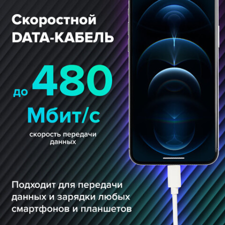 Кабель USB2.0 – Lightning, 1 м, SONNEN, медь, для передачи данных и зарядки, белый, 513559