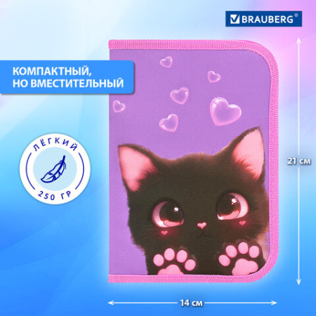 Пенал BRAUBERG, 1 отделение, 2 откидные планки, полиэстер, 21х14 см, "Кошачьи лапки", 273526